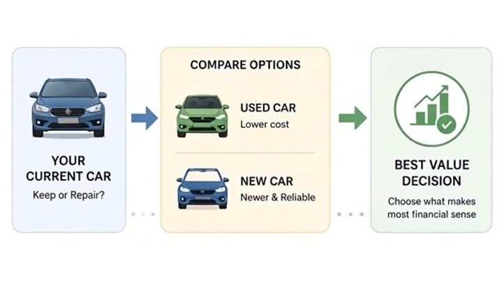 Decision flow: compare your current car with used and new car options to choose the best value